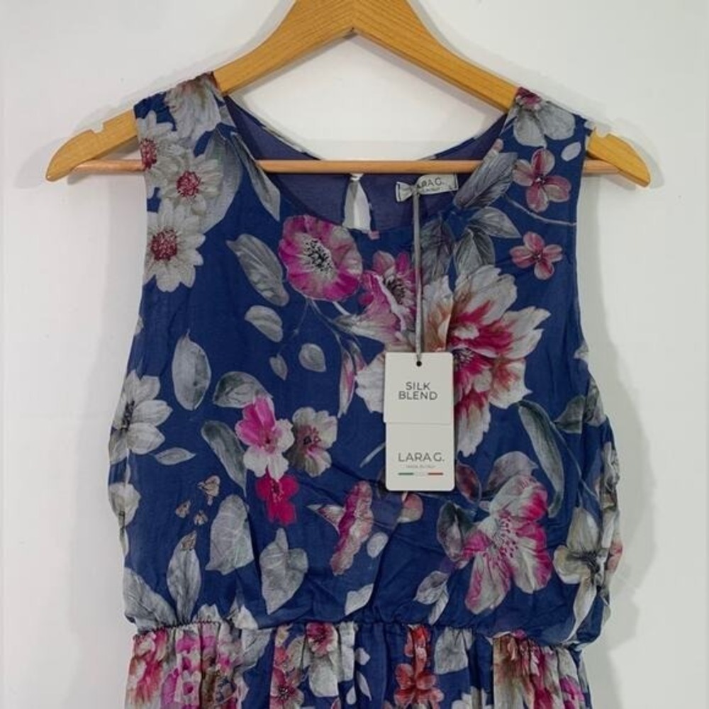 NEW LARA G By Lara Guidotti Floral Silk Viscose Blend Maxi Dress M Blue